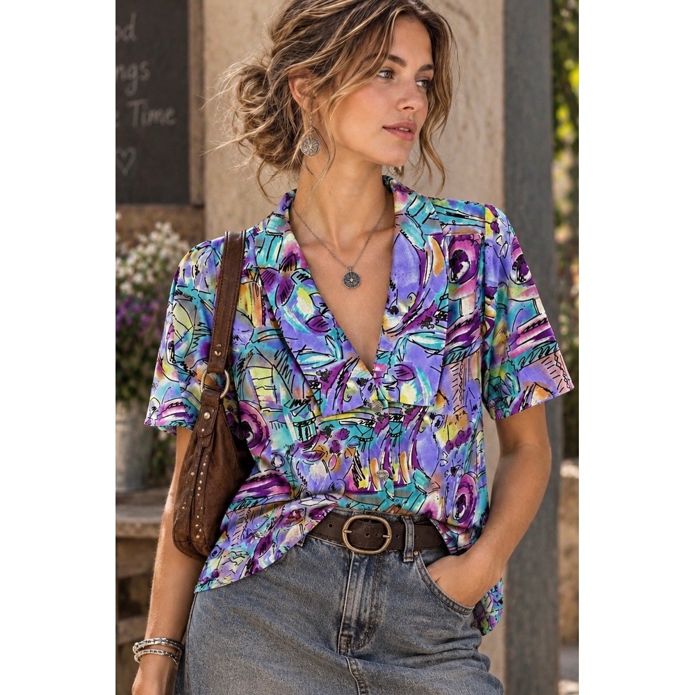 Vintage 90s Abstract Watercolor Artsy‎ Teacher Blouse Medium